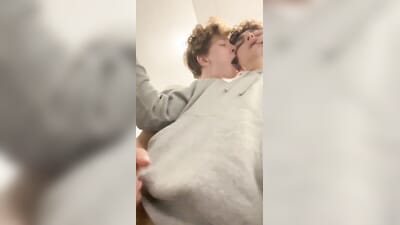 Slim boy gets his dick sucked in the public bathroom