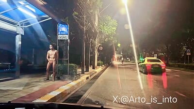 Nude at the bus stop in Bangkok, fucking exposed, stroking off for everyone to see. Dom’s orders filming me for public shame.